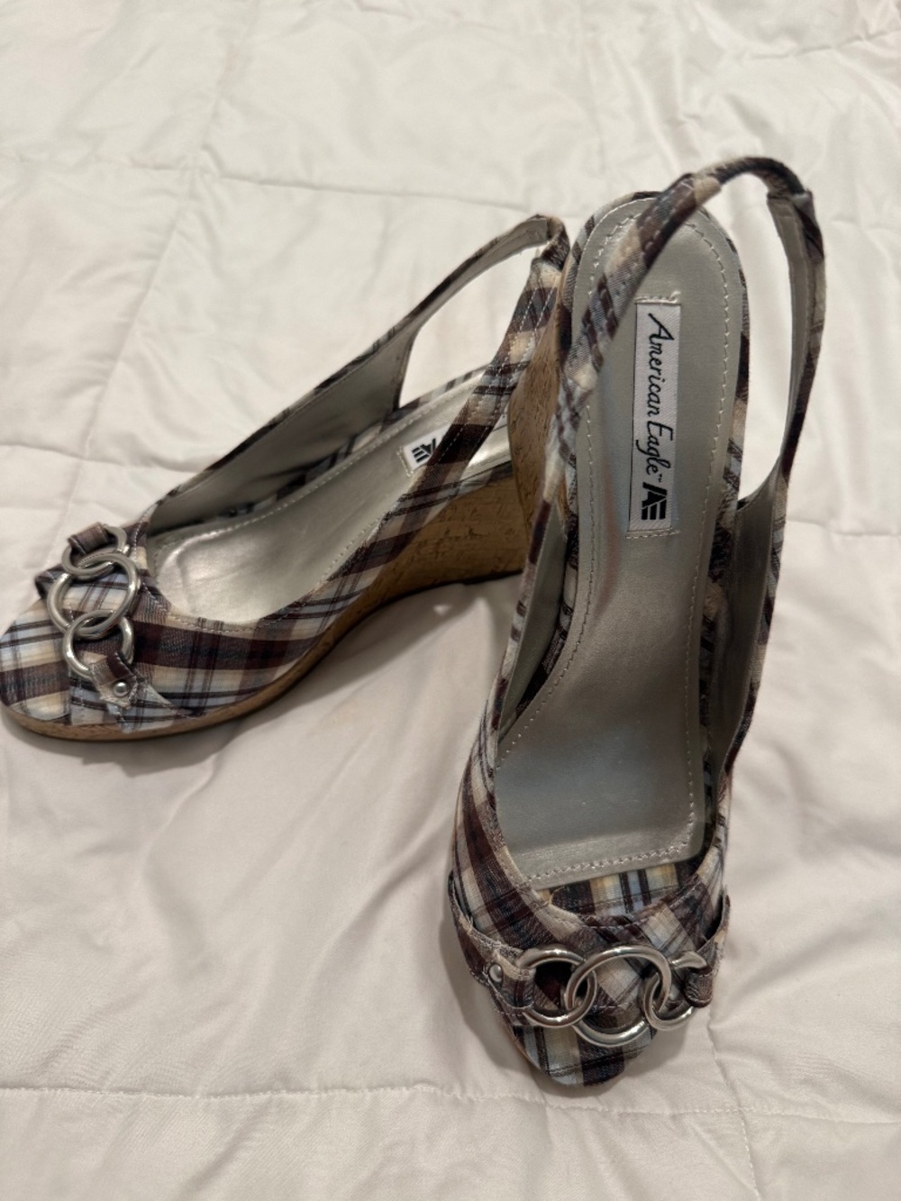 American Eagle Size 11 Plaid Cork Wedge Sandals Peep Toe Slingback Y2K